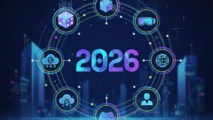 Футуристическая иллюстрация для статьи об iGaming трендах 2026 года, современный стиль.